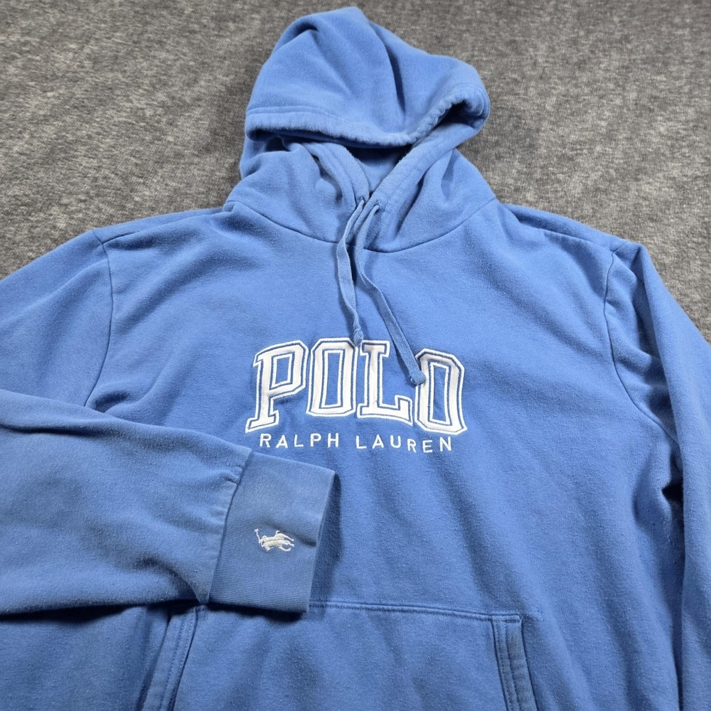 Polo Ralph Lauren Hoodie Mens Medium Blue Fleece Pullover Logo Kangaroo Pocket